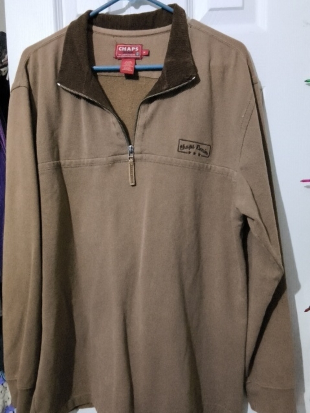 Chaps Brown Tan Contrast-Collar Quarter-Zip Pullover